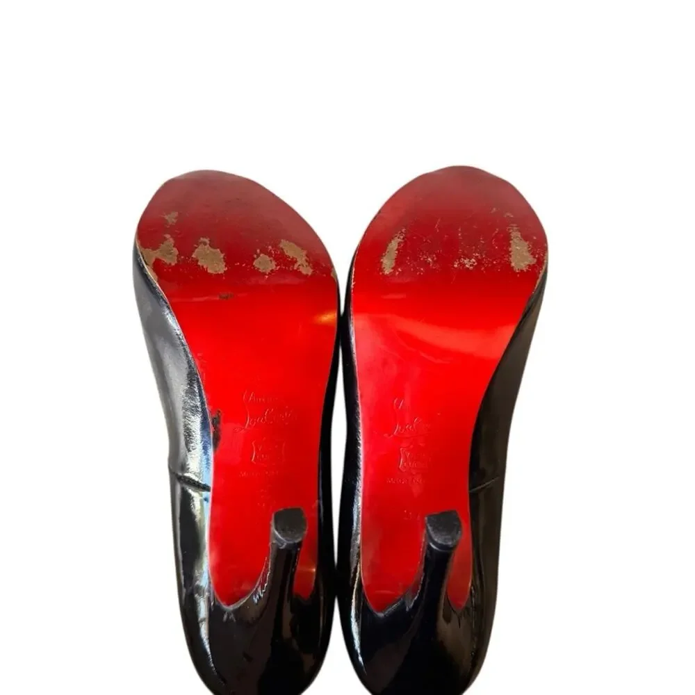 Christian Louboutin - Black Patent Peep-Toe Stiletto Heels Red Soles Sz 37